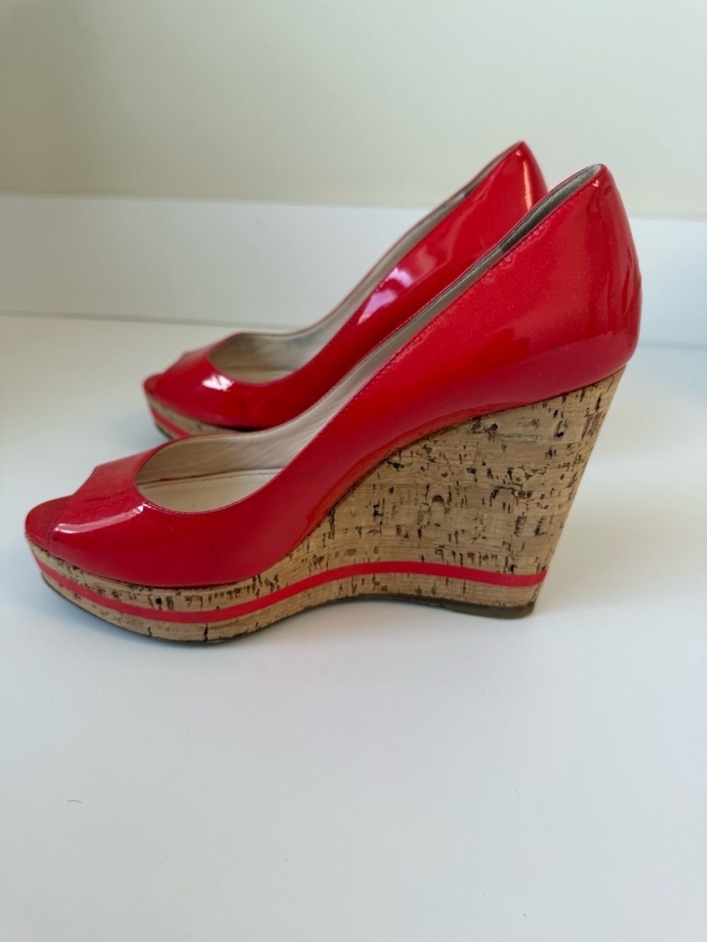 Prada Red Patent Cork Wedge Peep-Toe Pumps. Size 6.5.